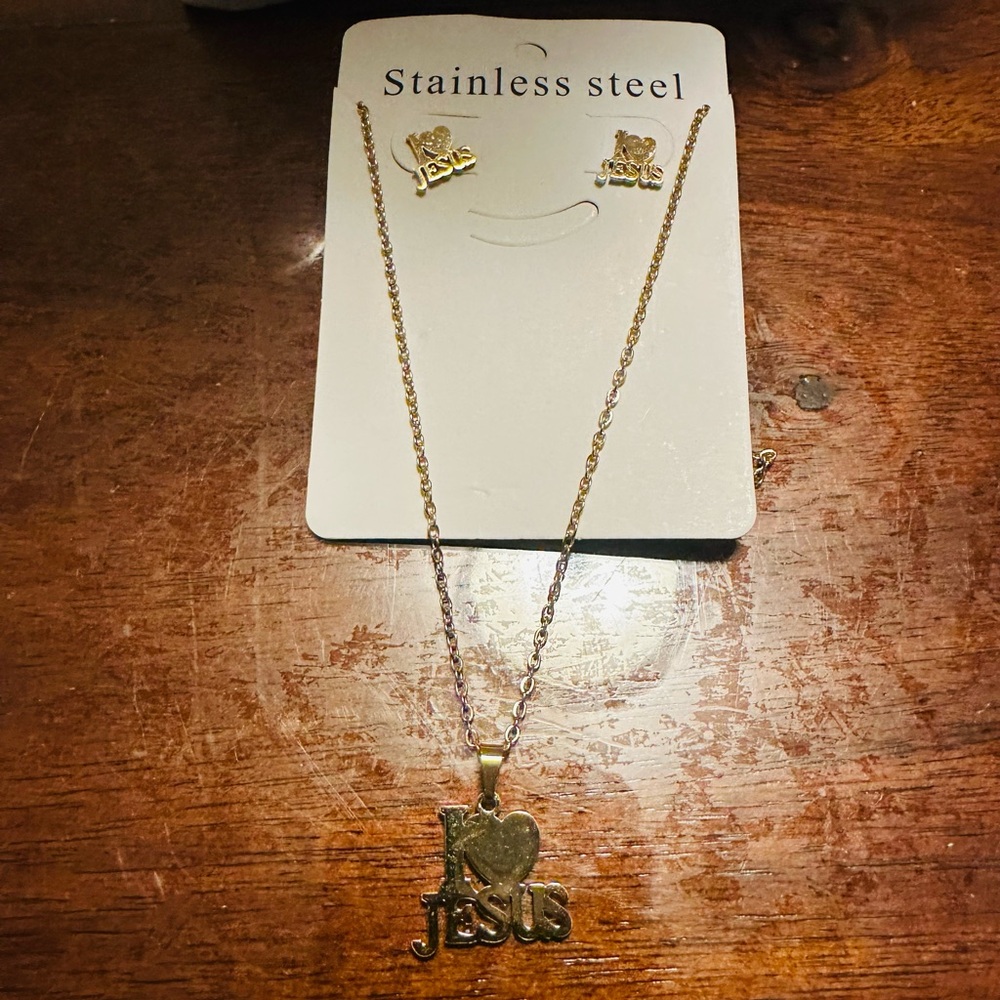 Gold 'I Love Jesus' Necklace and Earring Set